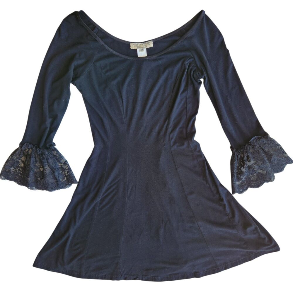 Karen ALexander Vtg 90s Black Mini Dress M Lace Cuffs Whimsigoth Vampy Coquette